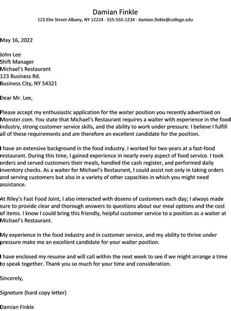 Application Letter For Waiter Position Example