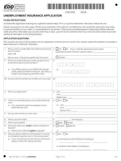 California Unemployment Insurance Application Form De 1101i Guide