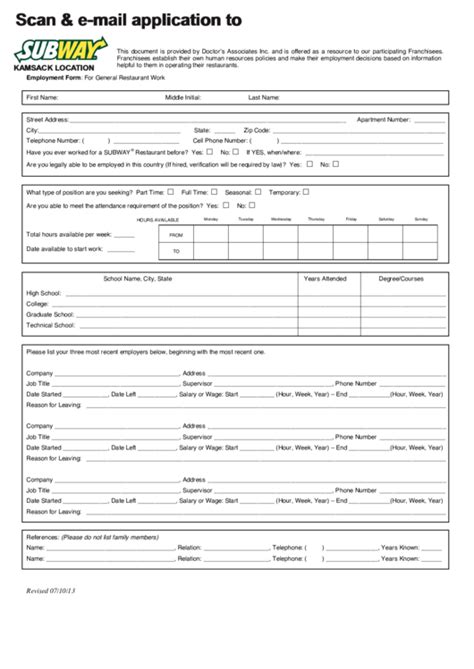 Download Subway Employment Application Form Pdf