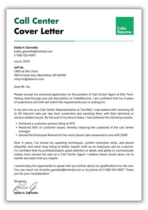 Effective Application Letter For Call Center Job Positions