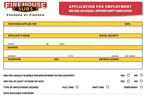 Firehouse Subs Job Application Form Pdf