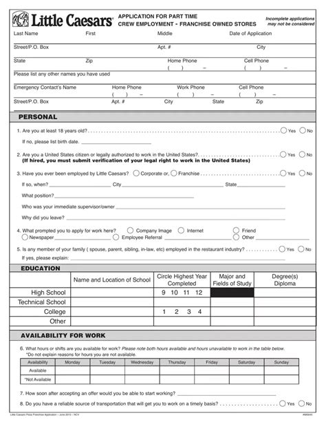 Little Caesars Pizza Job Application Print Out