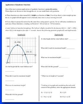 Quadratic Functions Worksheet With Real-World Applications