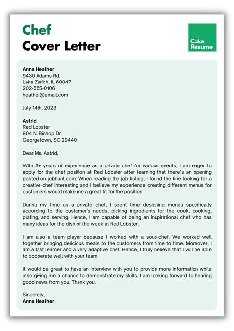 Sample Application Letter For Cook Position