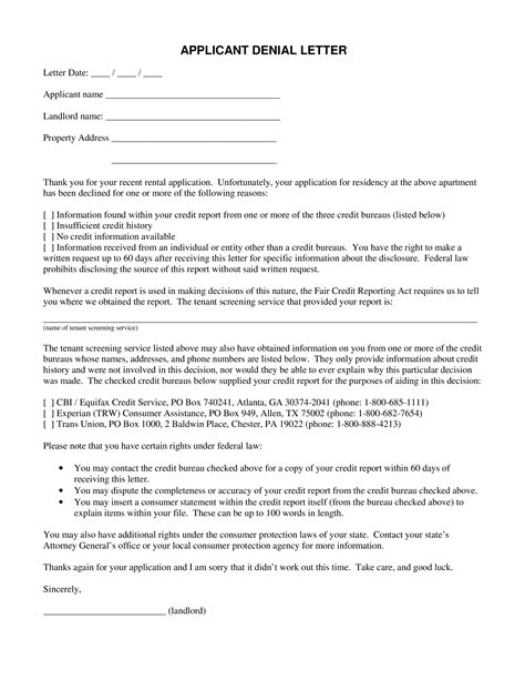 Sample Letter Of Denial Of Rental Application Template