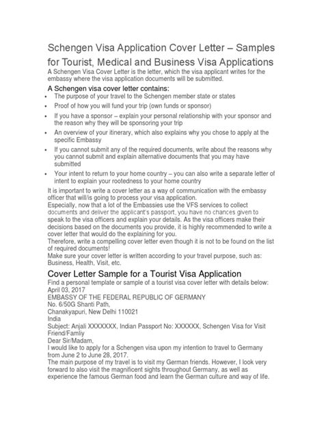 Schengen Tourist Visa Application Sample Cover Letter