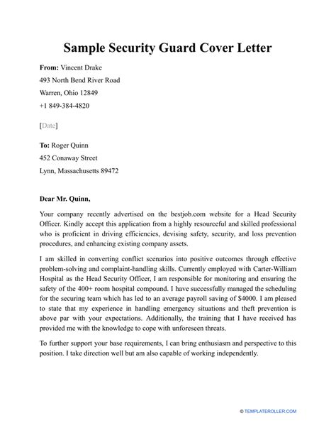 Security Guard Application Letter With No Experience Template