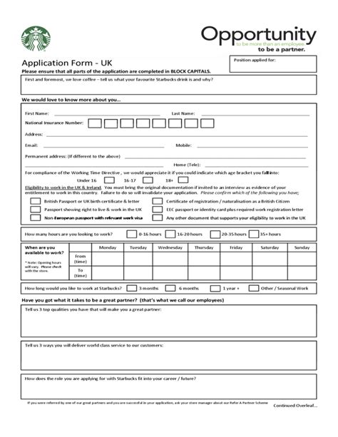 Starbuck Application Pdf Download And Filling Guide